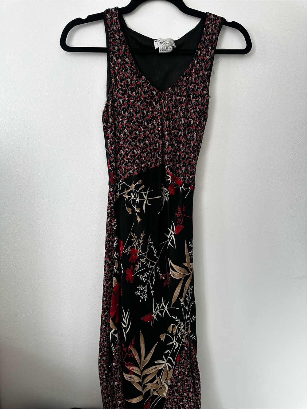 Vintage Black Midi Dress with Red and Beige Floral Print